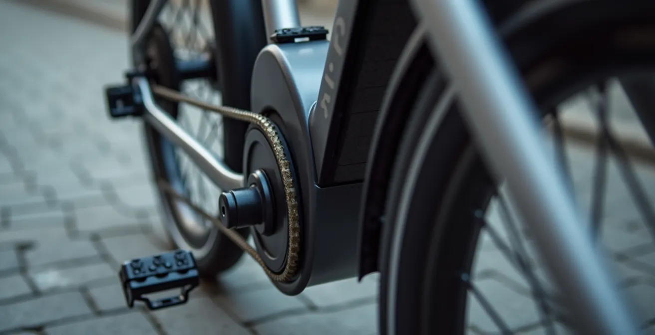Vista lateral de portabultos con detalle de vibraciones del motor eléctrico y puntos de anclaje reforzados