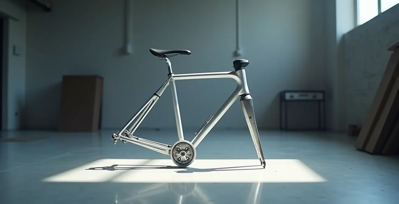 Vista completa de un cuadro de bicicleta mostrando las zonas críticas donde aparecen fisuras por fatiga